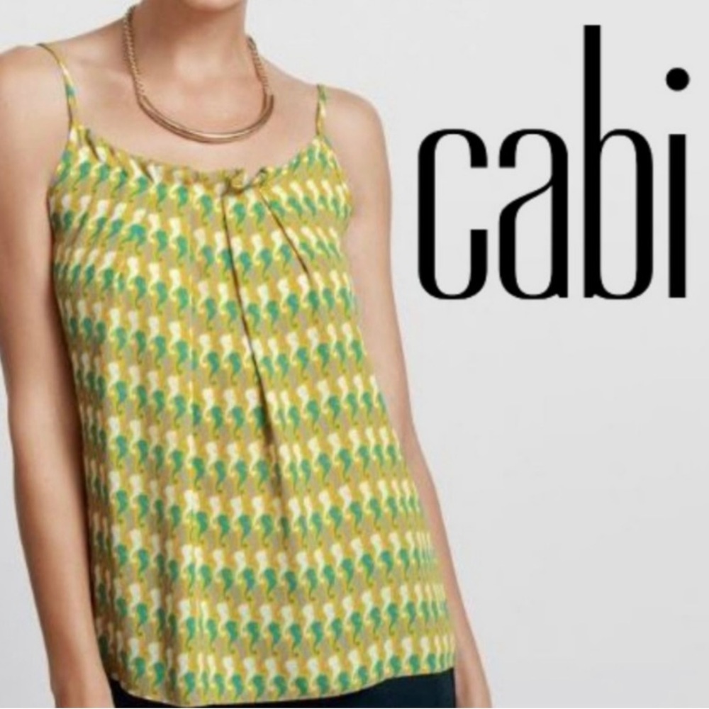 Cabi Seahorse Cami 411 Mustard Yellow Teal Nautical Print Pleated Tank Top‎ M